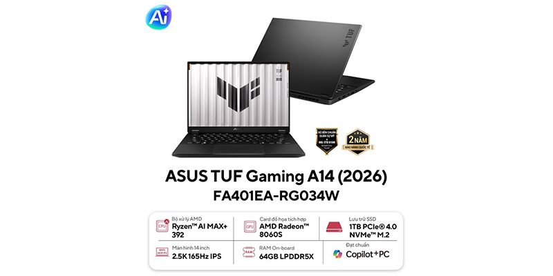 Laptop ASUS TUF Gaming A14 FA401EA-RG034W ( AMD Ryzen AI MAX+ 392 | AMD Radeon | 14 inch 2.5K 165Hz | 64GB | 1TB | Win 11 | Xám)