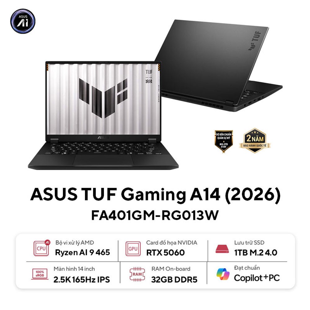 Laptop ASUS TUF Gaming A14 FA401GM-RG013W (AMD Ryzen AI 9 465 | RTX 5060 8GB GDDR7 | 14-inch WQXGA | 32GB | 1TB | Windows 11 Home | Xám)