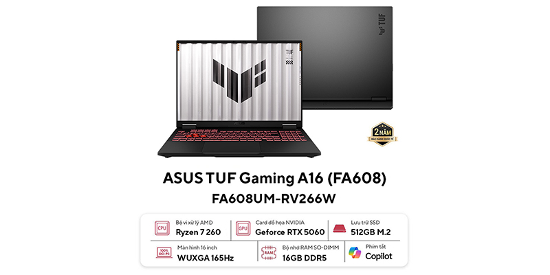 Laptop ASUS TUF Gaming A16 FA608UM-RV266W (AMD Ryzen 7 260 | 16GB | 512GB | RTX 5060 8GB | 16 inch FHD+ 165Hz | Win 11 | Xám)
