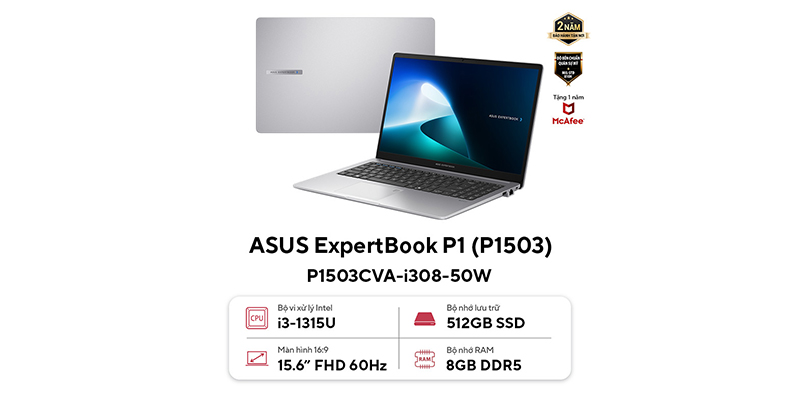 Laptop ASUS ExpertBook P1503CVA-i308-50W (Intel Core i3-1315U | Intel UHD | 15.6 inch FHD | 8GB | 512GB | Win 11 | Xám)