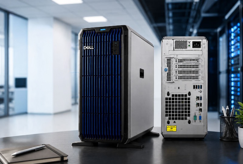 Minh họa góc trước và sau máy chủ tower Dell T360