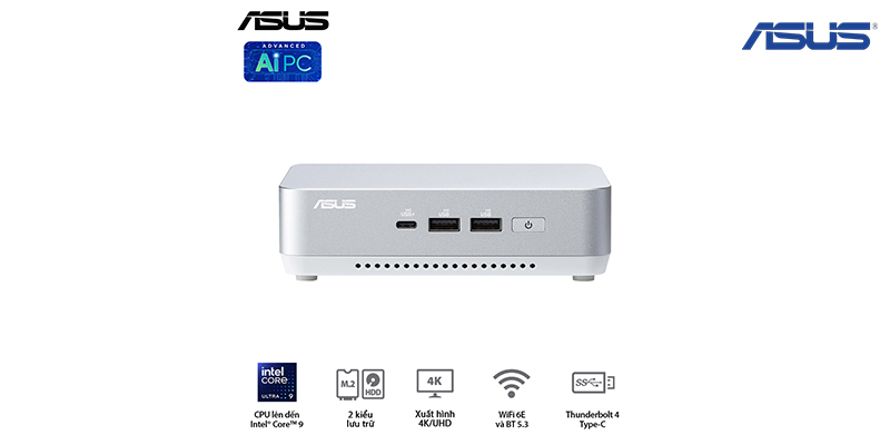 Mini PC Asus NUC 14 Pro+ RNUC14RVSU7 (Core Ultra 7 155H | 2x NVMe | 2x HDMI 2.1 | 2x Thunderbolt 4 DP 1.4 | VESA Mount | Trắng/Bạc)