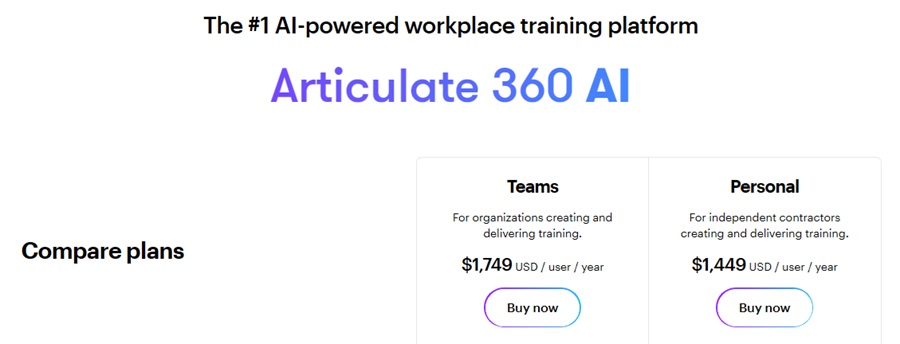 Bảng so sánh gói Articulate 360 AI