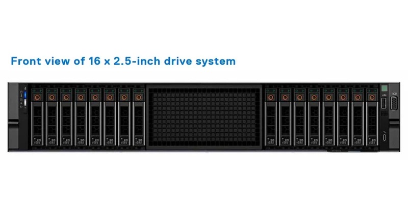 Minh họa mặt trước chassis Dell PowerEdge R7625 mười sáu khay 2,5 inch